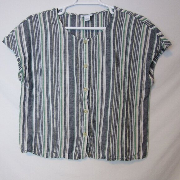 Liz Claiborne Cotton Linen Navy Striped Boxy Button up Top Womens Large - Picture 1 of 6